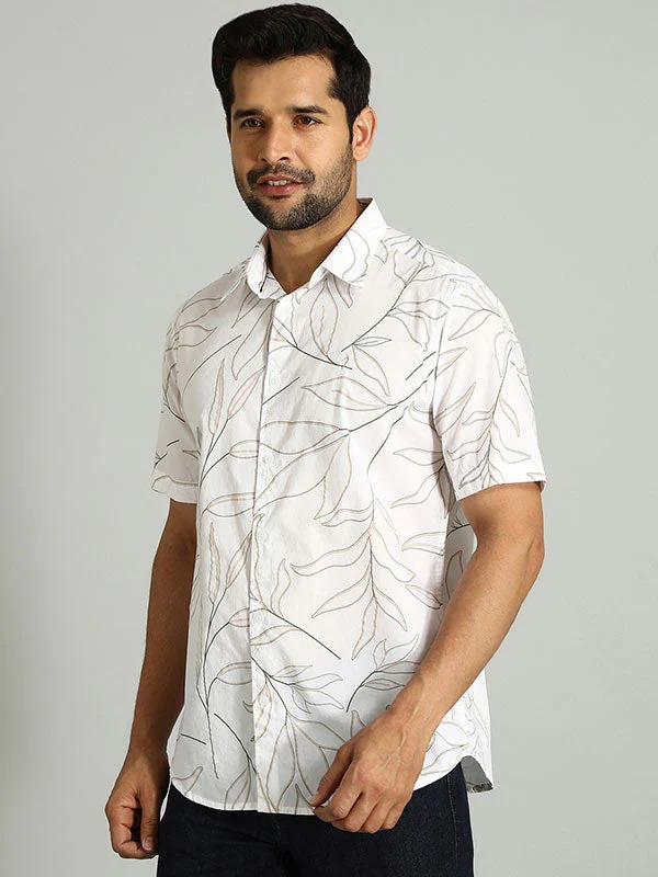 Indian Terrain Men's Regular Fit Half Sleeve All Over Print White Shirt